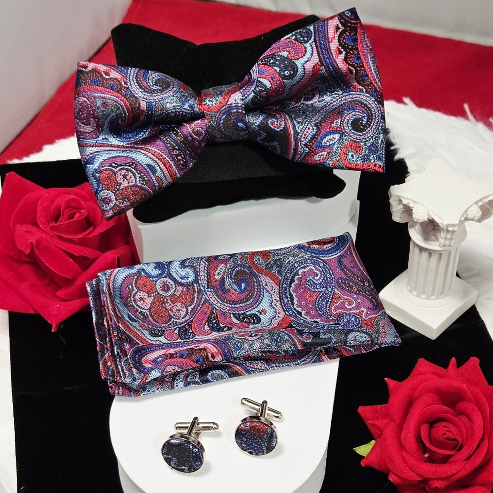 Red Paisley Bow Tie Pocket Square & Cufflinks Set – Wedding Prom Tux